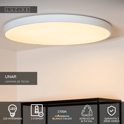 Lucide UNAR - Lámpara de techo - Ø 80 cm - LED 3 StepDim - 1x80W 2700K - Blanco - USP